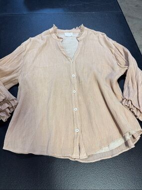 Fate Peach Textured Ruffle-Trim Button-Down Blouse